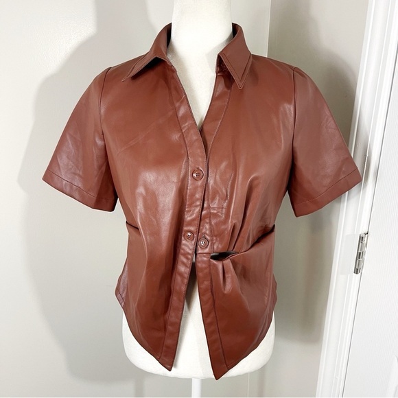 House of Harlow brown faux Leather twisted front shirt - Picture 2 of 11